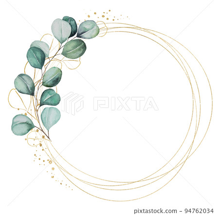 Geometric golden frame made of green watercolor eucalyptus leaves, wedding illustration 94762034