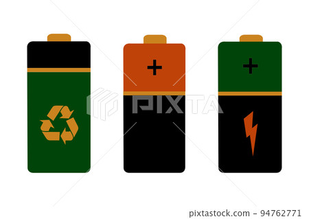 Vector illustration of isolated cylindrical batteries. Alkaline bottle, battery. Group of colored batteries of different sizes on a white background 94762771