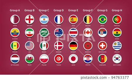 Qatar world cup tournament 2022 . 32 teams Final draw groups with country flag . Vector . Qatar world cup tournament 2022 . 32 teams Final draw groups with country flag . Vector . 94763377