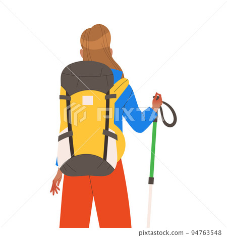 Woman Character Hiking in the Mountains with Pole and Backpack Standing Back View Vector Illustration 94763548
