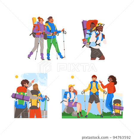 People Character Hiking in the Mountains with Pole and Backpack Vector Set 94763592