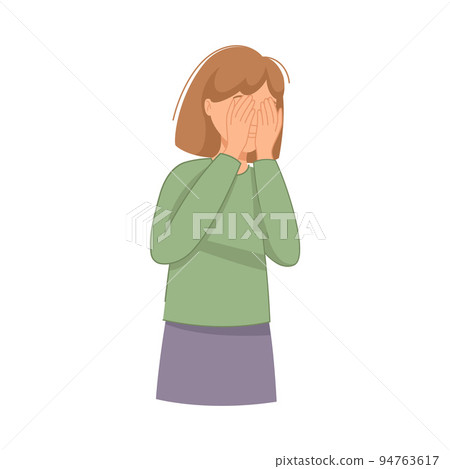 Sad and Unhappy Teenage Girl in Depression Covering Her Face with Hands Suffering From Mental Disorder Vector Illustration 94763617