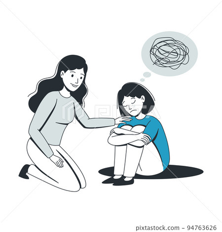 Woman Help to Young Girl in Depression Feeling Sad Suffering from Mental Disorder Vector Illustration 94763626