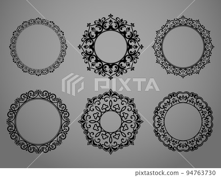 Set of decorative frames Elegant vector element for design in Eastern style, place for text. Floral black and gray borders. Lace illustration for invitations and greeting cards Set of decorative frames Elegant vector element for design in Eastern style, place for text. Floral black and gray borders. Lace illustration for invitations and greeting cards 94763730