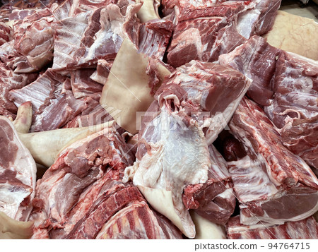 Pieces of pork meat for sale in local market. Food culture. Background, texture 94764715