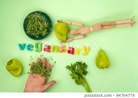 Word Veganuary from wooden blocks with letters on green background. Healthy plant based nutrition concept, Veganuary Word Veganuary from wooden blocks with letters on green background. Healthy plant based nutrition concept, Veganuary 94764779
