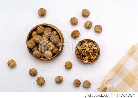 Walnut, on white stone table background, top view flat lay 94764794