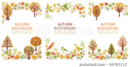 Illustration frame set of autumn leaves trees and small birds vertical 94765212