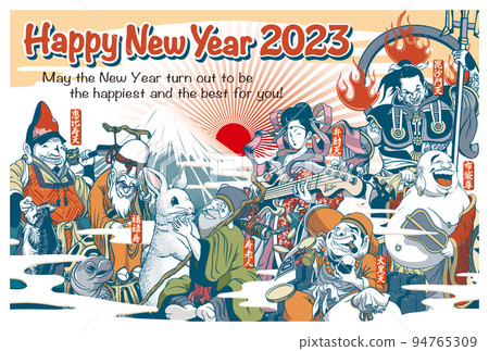 2023 New Year's card template "Funny Seven Lucky Gods" Happy New Year with English annotations 94765309