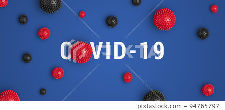Inscription COVID-19 on blue background with red and black abstract virus strain model. Spread of coronavirus Covid-19 around world, banner, flat lay, 3d-illustration 94765797