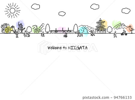 Simple line drawing illustration of the streets and people of tourist spots in Niigata Prefecture 94766133