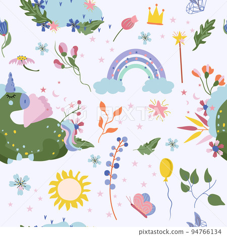 Seamless pattern with cute Unicorn, colorful flowers and leaves, cloud and rainbow. Fantastic Unicorn. Vector illustration. 94766134