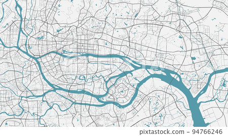 Guangzhou vector map. Detailed map of Guangzhou city administrative area. Cityscape panorama illustration. Road map with highways, streets, rivers. 94766246