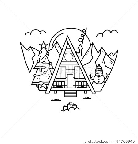 Christmas line icon from the Christmas camping series. Happy Holidays symbol and elements. Stock winter vector. Forest cabin landscape with mountains 94766949