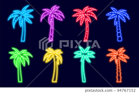 Palm trees neon icon set. Tropical palms tree billboard bright lamps. Luminous exotic summer decoration for bar signboard, beach party advertisement, background Palm trees neon icon set. Tropical palms tree billboard bright lamps. Luminous exotic summer decoration for bar signboard, beach party advertisement, background 94767152