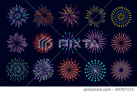 Fireworks color bright set. Celebration fire firework christmas new year pyrotechnics firecracker, night festival, birthday party. Vintage sunburst bursting sun rays. Radial light beams salute sparks Fireworks color bright set. Celebration fire firework christmas new year pyrotechnics firecracker, night festival, birthday party. Vintage sunburst bursting sun rays. Radial light beams salute sparks 94767153