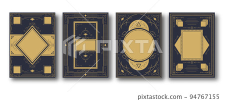 Vintage notebook cover set. Golden engraving pattern template with copy space for annual notepad, brochure, copybook, diary. Art deco graphic print for magazine covers, booklet journal cards Vintage notebook cover set. Golden engraving pattern template with copy space for annual notepad, brochure, copybook, diary. Art deco graphic print for magazine covers, booklet journal cards 94767155