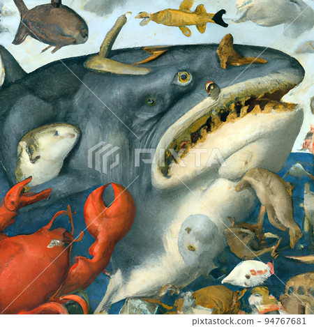 A giant whale eating shark,  fishes, dolphins and many other marine animals Hieronymus Bosch style 94767681