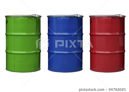 Steel barrels isolate. Colored barrels for oil, chemistry, industry on an empty white background 94768085
