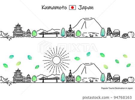 A simple line drawing set of the cityscape and the sun of a tourist spot in Kumamoto prefecture in the summer 94768163