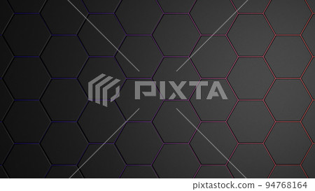 3d hexagon black background. Technology abstract geometry dark backdrop with honeycomb and neon texture. Science, technology, network concept 94768164