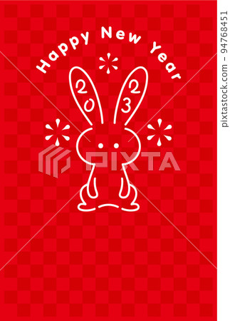 2023年新年賀卡模板矢量圖,紅色背景,畫線兔子麵向前方 2023年新年賀卡模板矢量圖,紅色背景,畫線兔子麵向前方 94768451