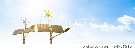Alternative energy concept. Wind turbine with solar energy power panel, renewable photovoltaic technology. Renewable energy sources banner. Alternative energy concept. Wind turbine with solar energy power panel, renewable photovoltaic technology. Renewable energy sources banner. 94768519