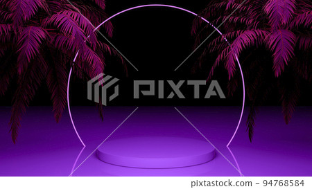 3d neon podium background. Colored blank display with tropical neon palms. Cyber, synthwave, 80s, retro concept. 3d neon podium background. Colored blank display with tropical neon palms. Cyber, synthwave, 80s, retro concept. 94768584