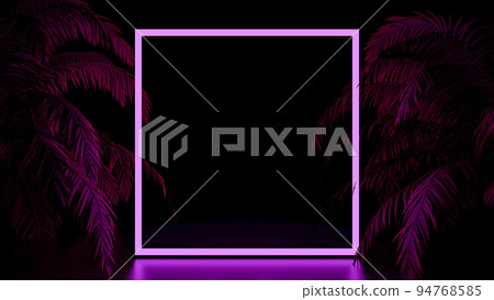 3d neon frame background. Colored blank display with tropical neon palms. Cyber, synthwave, 80s, retro concept. 3d neon frame background. Colored blank display with tropical neon palms. Cyber, synthwave, 80s, retro concept. 94768585