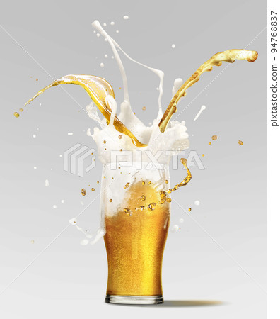 Foam splashes from full glass of frothy light lager beer isolated over light background. Concept of alcohol, oktoberfest, drinks, holidays and festivals. Foam splashes from full glass of frothy light lager beer isolated over light background. Concept of alcohol, oktoberfest, drinks, holidays and festivals. 94768837