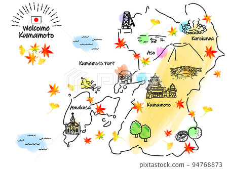 Autumn Kumamoto Prefecture sightseeing spot simple line drawing illustration map 94768873