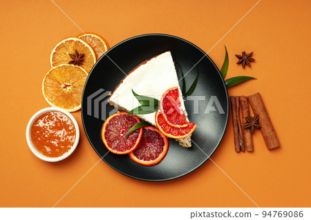 Concept of tasty dessert with meringue pie with citrus, top view 94769086