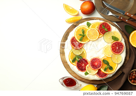 Concept of tasty dessert with meringue pie with citrus, space for text Concept of tasty dessert with meringue pie with citrus, space for text 94769087