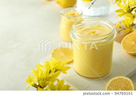 Concept of tasty food with lemon curd, space for text 94769101