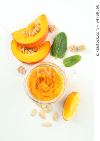 Concept of tasty food, pumpkin jam, top view 94769360