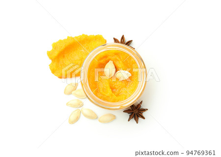Concept of tasty food, pumpkin jam isolated on white background Concept of tasty food, pumpkin jam isolated on white background 94769361