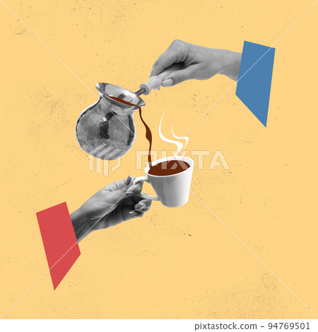 Contemporary art collage. Woman pouring warm coffee into cup from coffee cezve. Lunch break 94769501