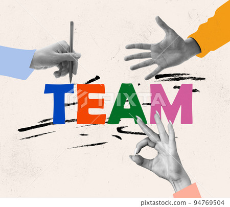 Contemporary art collage. Human hands symbolizing well-coordinated teamwork. Business growth with new ideas 94769504
