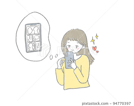 Hand-drawn illustration of a woman reading an electronic comic... 94770397