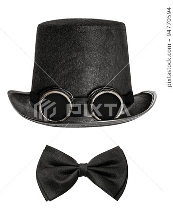 black felt hat with canned glasses and bow tie isolated on white background. 94770594