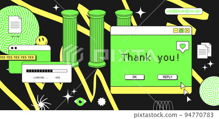 Retro browser computer window in 90s vaporwave style with smile face hipster stickers. Retrowave pc desktop with message boxes and popup user interface elements, Vector illustration of UI and UX Retro browser computer window in 90s vaporwave style with smile face hipster stickers. Retrowave pc desktop with message boxes and popup user interface elements, Vector illustration of UI and UX 94770783