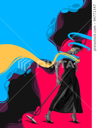 Contemporary art collage. Expressive female african singer performing over colorful splashes background Contemporary art collage. Expressive female african singer performing over colorful splashes background 94771347