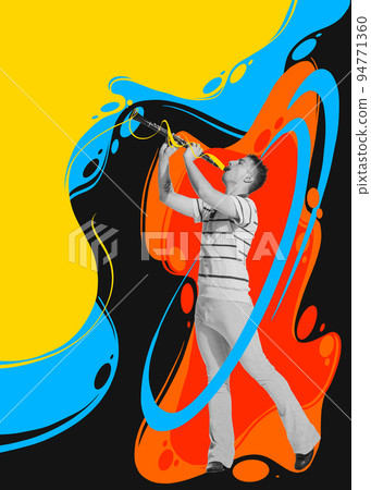 Contemporary art collage. Young man in retro clothes playing clarinet over colorful splashes background. Abstract design 94771360