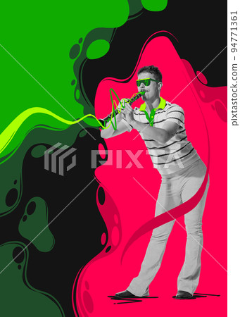 Contemporary art collage. Young man in retro clothes playing clarinet over colorful splashes background. Abstract design 94771361