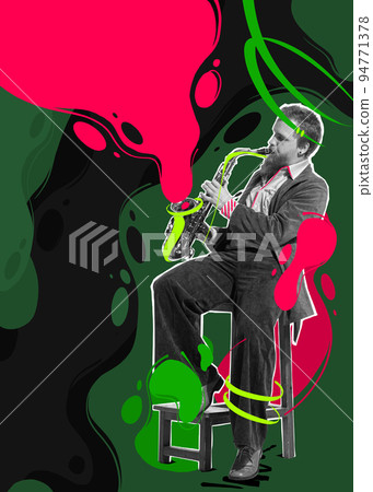 Contemporary art collage. Young man playing saxophone performing over colorful splashes background. Abstract design 94771378