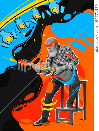 Contemporary art collage. Senior man playing guitar, performing. Abstract design with colorful splashes 94771379