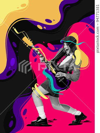 Contemporary art collage. Expressive young girl playing guitar. Multicolored splashes design 94771381