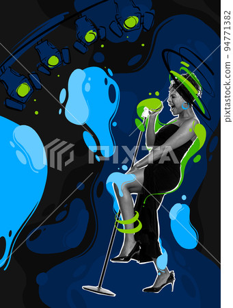 Contemporary art collage. Expressive female african singer performing over colorful splashes background 94771382
