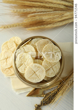 Concept or composition of Eucharist with different accessories Concept or composition of Eucharist with different accessories 94771546