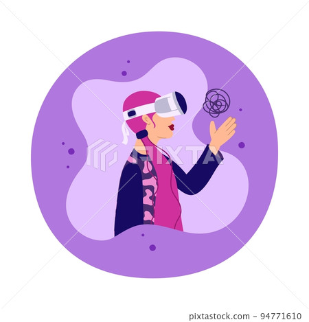 A teenage girl wearing vr glasses. The concept of the metaverse. Technologies of virtual reality games. Vector illustration in a flat style 94771610